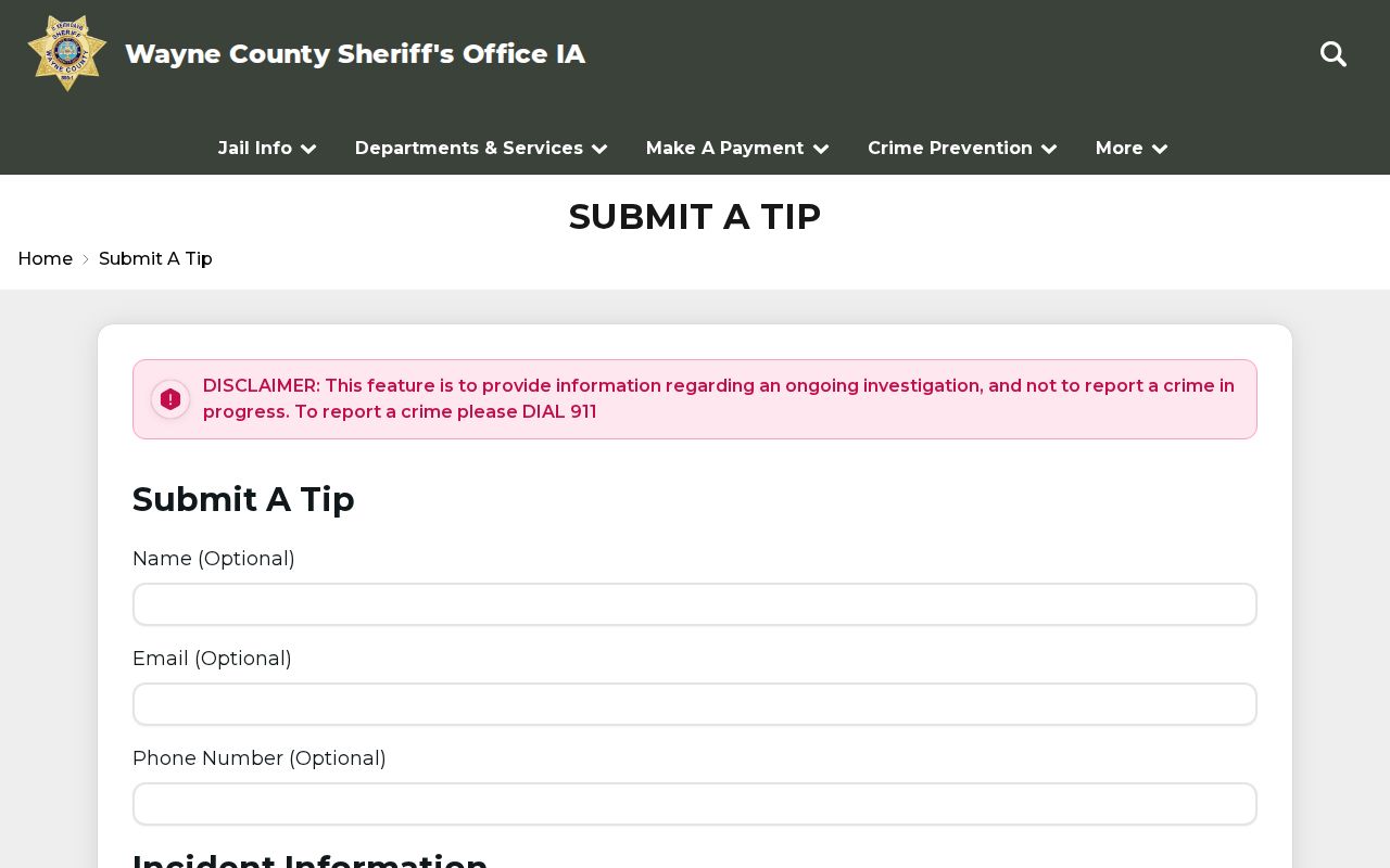 Wayne County Sheriff's Office official wanted-person tip form